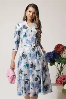 Rochie din stofa gri midi de zi cu imprimeuri florale albastre si decolteu imagine