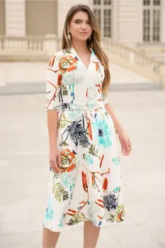 Rochie din stofa ivory midi de zi cu imprimeuri florale turcoaz si decolteu imagine