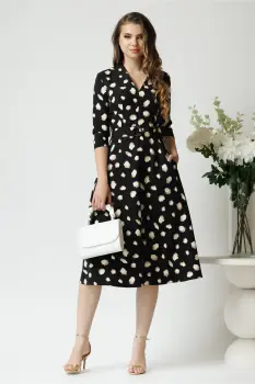 Rochie din stofa neagra midi de zi cu imprimeuri bej si decolteu imagine