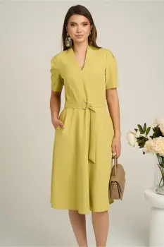 Rochie din stofa verde lime cu cordon in talie si decoteu in V imagine