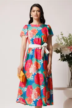 Rochie din triplu voal turcoaz cu imprimeu floral orange si cordon in talie imagine