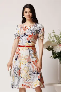 Rochie din viscoza alba cu imprimeuri corai si curea in talie imagine