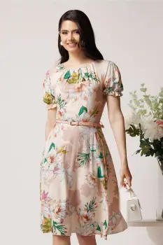 Rochie din viscoza bej cu imprimeuri verzi si curea in talie imagine