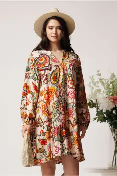 Rochie din viscoza lejera bej cu imprimeuri portocalii imagine