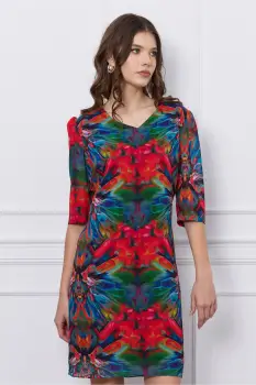 Rochie Dina albastra cu imprimeuri rosii imagine