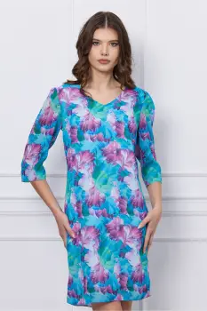 Rochie Dina turcoaz cu imprimeuri lila imagine