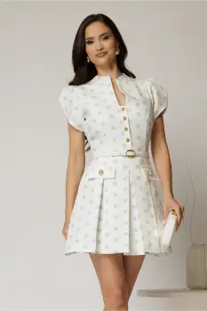 Rochie DY Fashion alba cu buline bleu cu fusta scurta cu pliuri si decolteu imagine