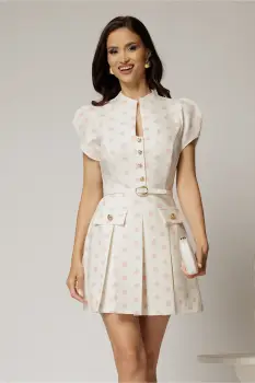 Rochie DY Fashion alba cu buline roz cu fusta scurta cu pliuri si decolteu imagine