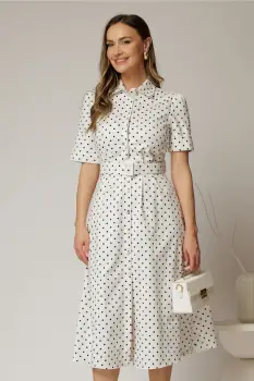 Rochie DY Fashion alba cu buline tip camasa si curea in talie imagine