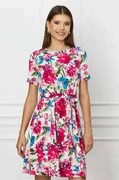 Rochie Dy Fashion alba cu imprimeu floral fucsia si cordon in talie imagine