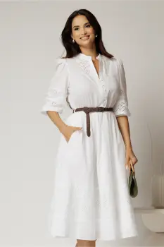 Rochie DY Fashion alba din bumbac cu insertii perforate si curea in talie imagine