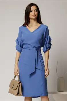 Rochie DY Fashion albastra cu adaos de viscoza cu croi drept si maneci bufante imagine