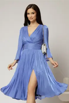 Rochie DY Fashion albastra de ocazie din voal peliculizat cu maneci crapate imagine