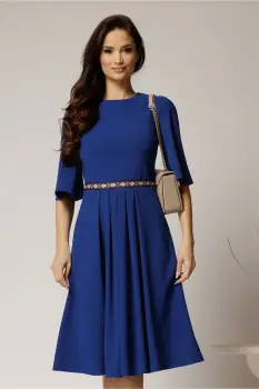 Rochie DY Fashion albastra din crep cu pliuri pe fusta si banda in talie imagine