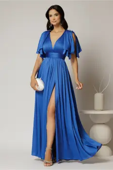 Rochie DY Fashion albastra lunga de seara cu decolteu adanc si funde ample imagine