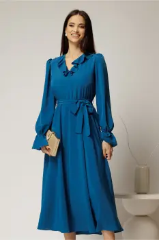 Rochie DY Fashion albastru petrol din voal plin cu decolteu in V si volanase imagine