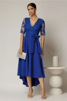 Rochie DY Fashion asimetrica albastra cu dantela cu paiete la bust si funda ampla imagine