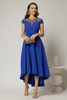 Rochie DY Fashion asimetrica albastra cu funda in talie si aplicatii la decolteu imagine
