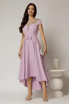 Rochie DY Fashion asimetrica lila cu funda in talie si aplicatii la decolteu imagine