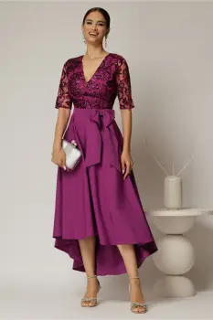 Rochie DY Fashion asimetrica mov cu dantela cu paiete la bust si funda ampla imagine