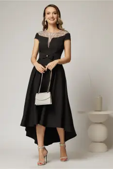 Rochie DY Fashion asimetrica neagra cu funda in talie si aplicatii la decolteu imagine