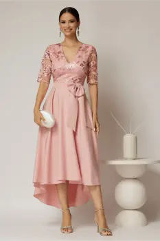 Rochie DY Fashion asimetrica roz cu dantela cu paiete la bust si funda ampla imagine