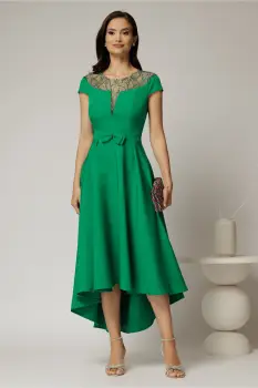 Rochie DY Fashion asimetrica verde cu funda in talie si aplicatii la decolteu imagine