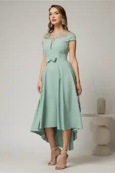 Rochie DY Fashion asimetrica verde menta cu funda in talie si aplicatii la decolteu imagine