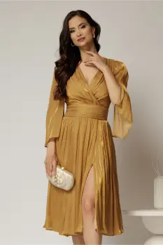 Rochie DY Fashion aurie de ocazie din voal peliculizat cu maneci crapate imagine