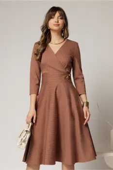 Rochie DY Fashion bej clos in dungi din jerse si detaliu in talie imagine