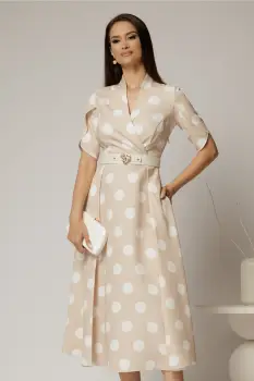 Rochie DY Fashion bej cu buline cu decolteu si maneci petrecute imagine