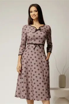 Rochie DY Fashion bej cu buline cu decupaj si funda la decolteu imagine