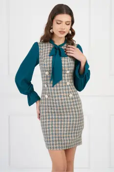 Rochie DY Fashion bej cu imprimeu peptit turcoaz si maneci din voal imagine