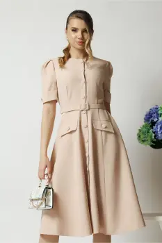 Rochie DY Fashion bej de zi cu nasturi si curea in talie imagine