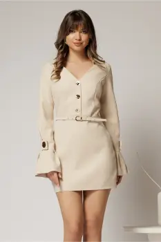 Rochie DY Fashion bej deschis cu maneci evazate si decolteu cu guler imagine