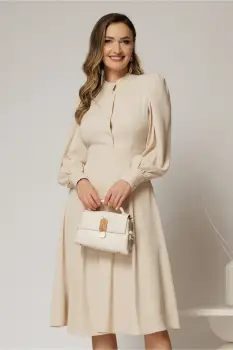 Rochie DY Fashion bej din triplu voal cu guler tunica si nasturi tip floare imagine