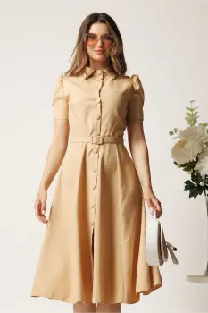 Rochie DY Fashion bej in clos cu nasturi si curea in talie imagine