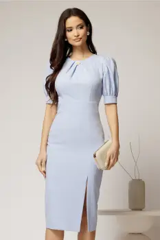 Rochie DY Fashion bleu conica cu maneci bufante scurte si detaliu la decolteu imagine
