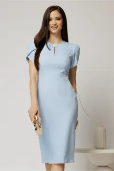 Rochie DY Fashion bleu conica cu maneci scurte lalea si accesoriu la decolteu imagine