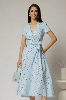 Rochie DY Fashion bleu cu buline cu decolteu petrecut si cordon in talie imagine