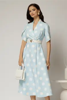 Rochie DY Fashion bleu cu buline cu decolteu si maneci petrecute imagine