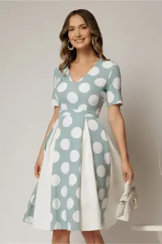 Rochie DY Fashion bleu cu buline mari si pliuri ample in contrast imagine