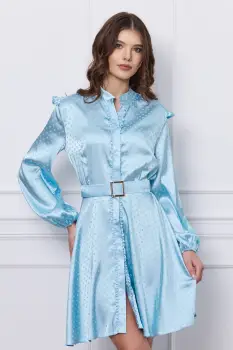 Rochie Dy Fashion bleu cu buline si curea in talie imagine