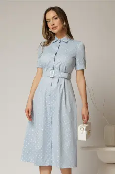 Rochie DY Fashion bleu cu buline tip camasa si curea in talie imagine