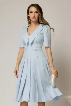 Rochie DY Fashion bleu cu decolteu cu guler ascutit si fusta plisata imagine