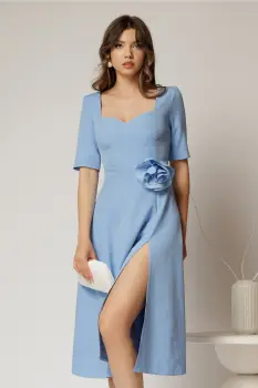 Rochie DY Fashion bleu cu decolteu inima si detaliu floral in talie imagine