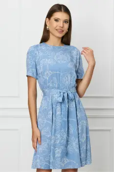 Rochie Dy Fashion bleu cu imprimeu floral alb si cordon in talie imagine