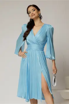 Rochie DY Fashion bleu de ocazie din voal peliculizat cu maneci crapate imagine