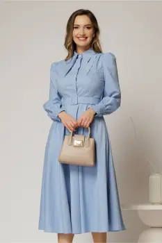 Rochie DY Fashion bleu din poplin cu guler dublu si curea in talie imagine