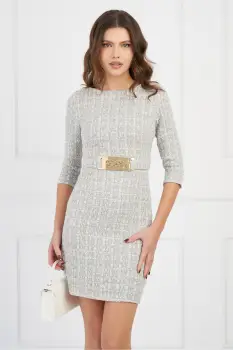 Rochie DY Fashion bleu din tweed cu catarama si strasuri in talie imagine